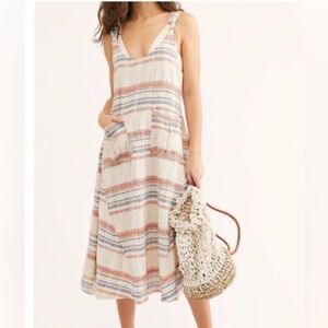 Free People Harper Striped Maxi Dress Sz XS Oversized Pockets Boho Casual Cotton